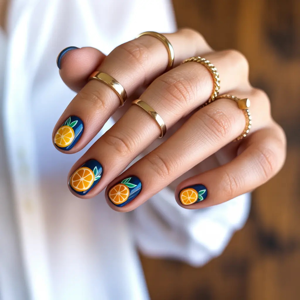 cute summer nails 2025 Citrus Splash on Midnight