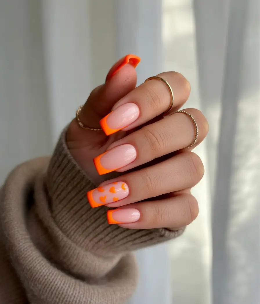 cute summer nails 2025 Neon French & Hearts