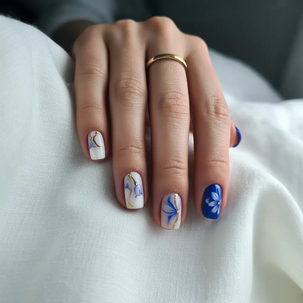 cute summer nails 2025 Delicate Florals in Blue and Gold