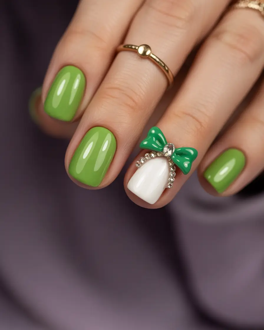 cute summer nails 2025 Glossy Green With a Bow
