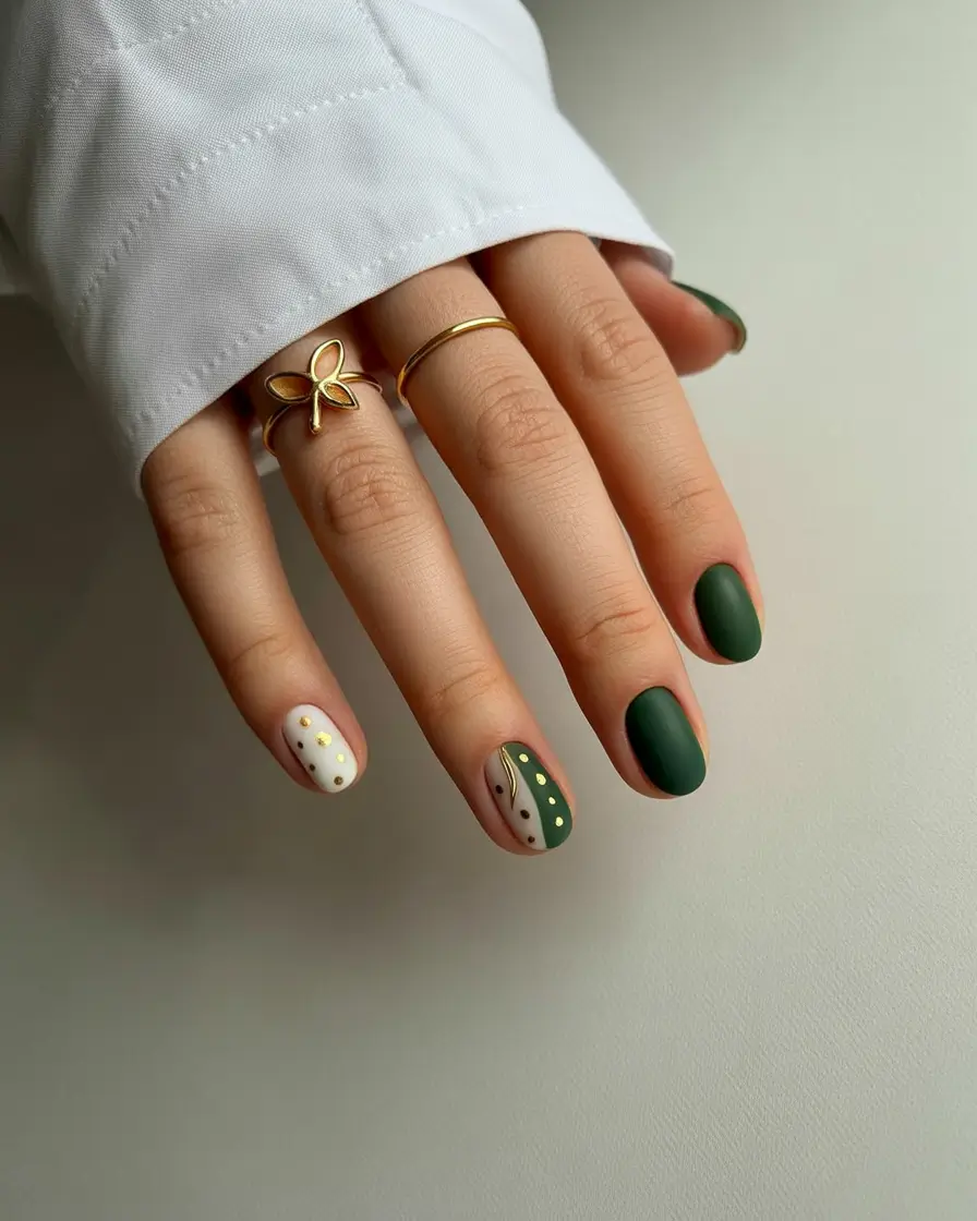 cute summer nails ideas 2025 Matte Moss & Gold Dot Delight