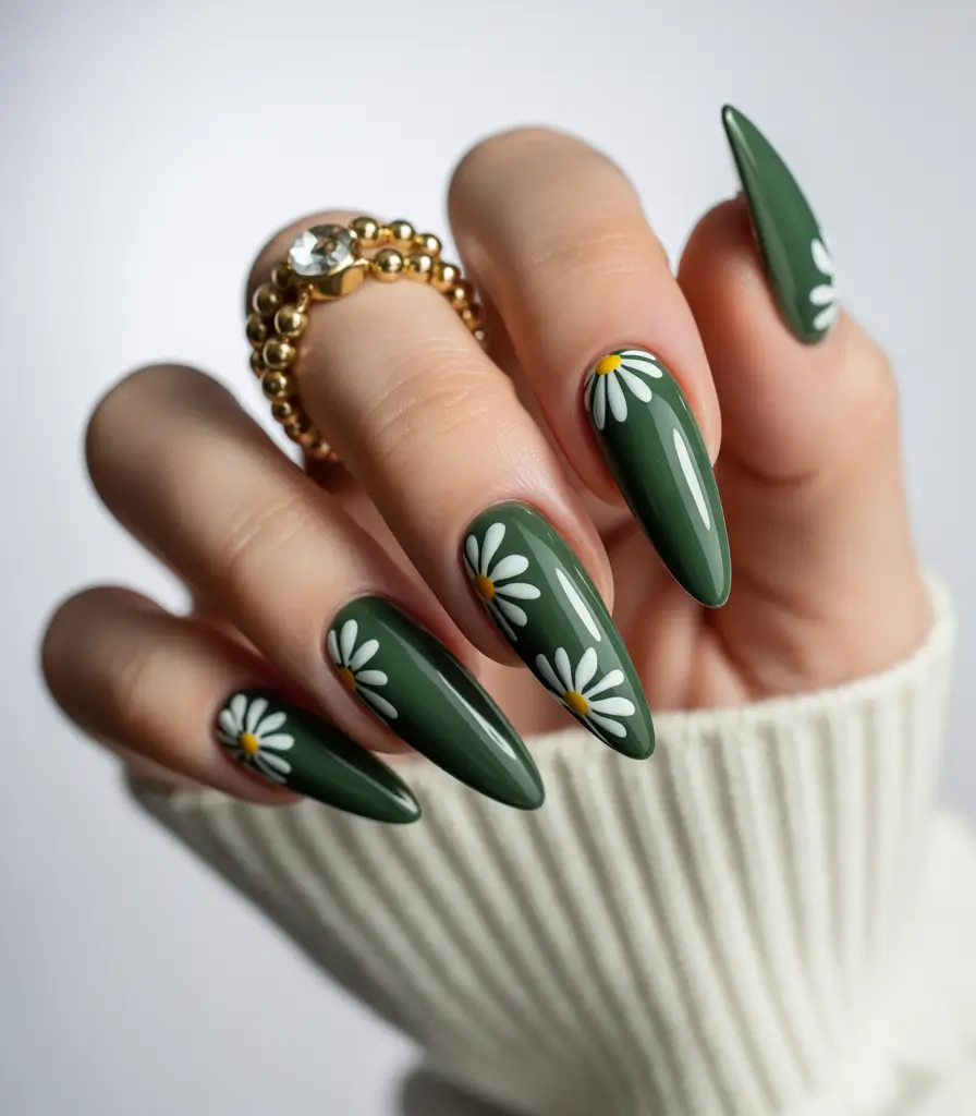 cute summer nails ideas 2025 Botanical Daisies on Olive Green