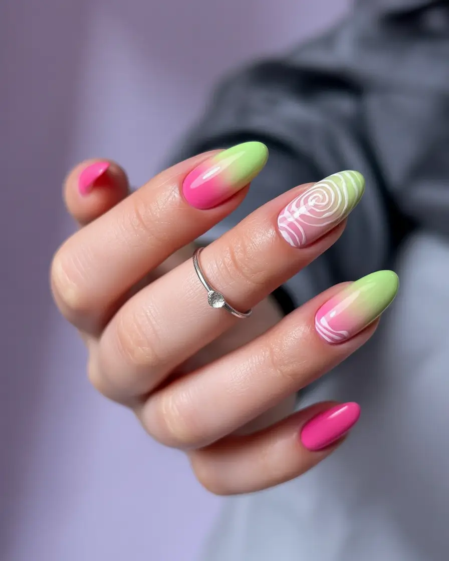 cute summer nails ideas 2025 Tutti Frutti Fade with Pink-Lime Pop