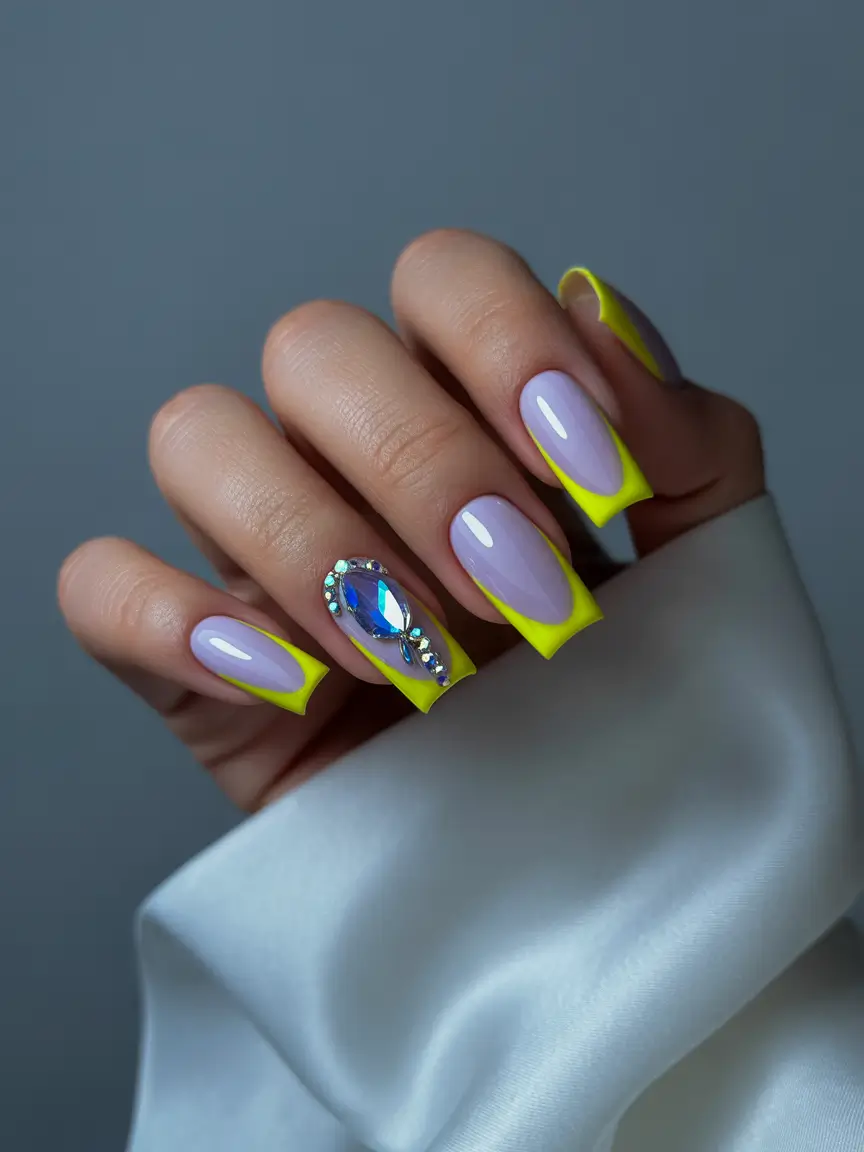 cute summer nails ideas 2025 Neon French Twist with Crystal Drama