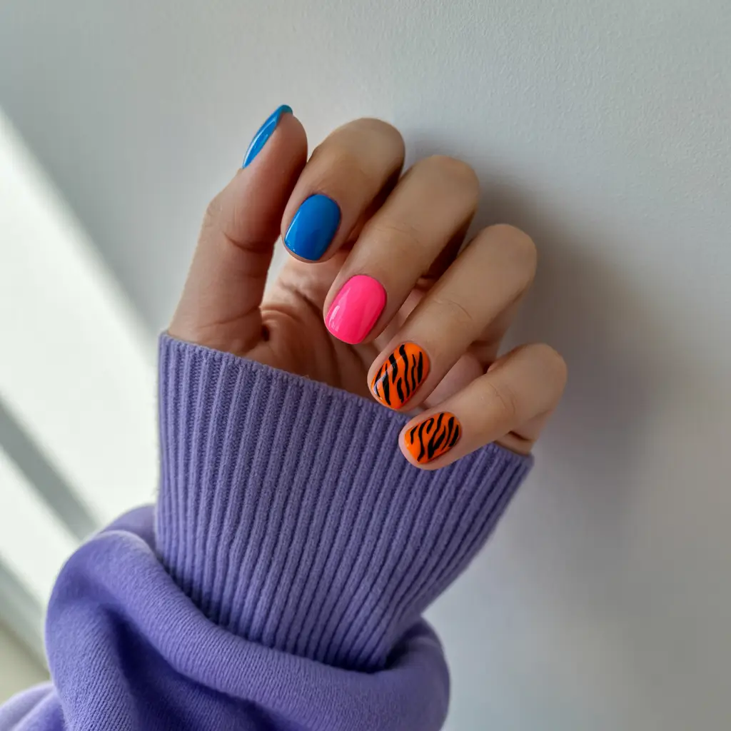 cute summer nails ideas 2025 Color Clash & Neon Safari