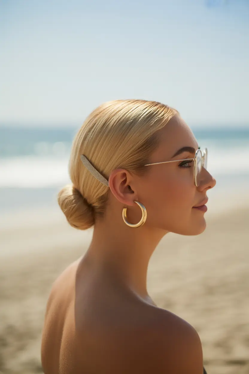 Easy Swimming Hairstyles - Summer 2025 Ideas+Sleek Low Knot with Clip Detail