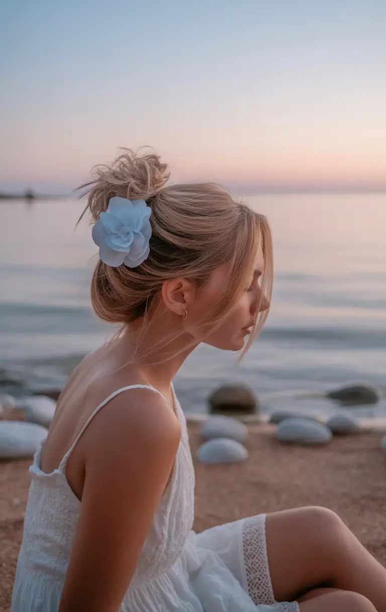 Easy Swimming Hairstyles - Summer 2025 Ideas+Messy Flower Bun at Golden Hour