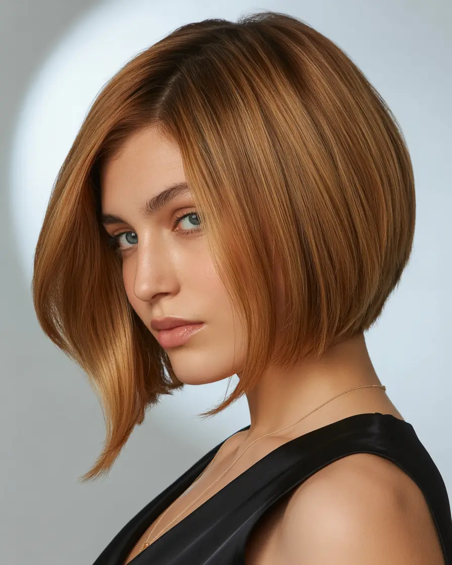 Fresh Inspiration Short Summer Haircut 2025 Copper Sleek Bob with Diagonal Drop