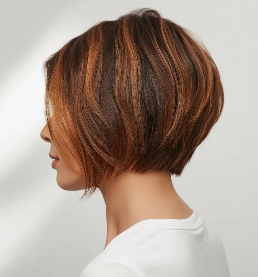 Fresh Inspiration Short Summer Haircut 2025 Layered Auburn Stacked Bob with Volume