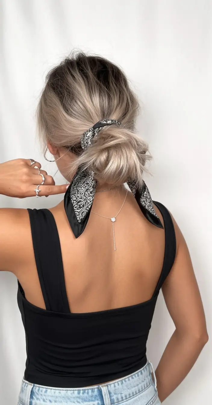 june hairstyles ideas 2025 Low Textured Bun with a Scarf Tie