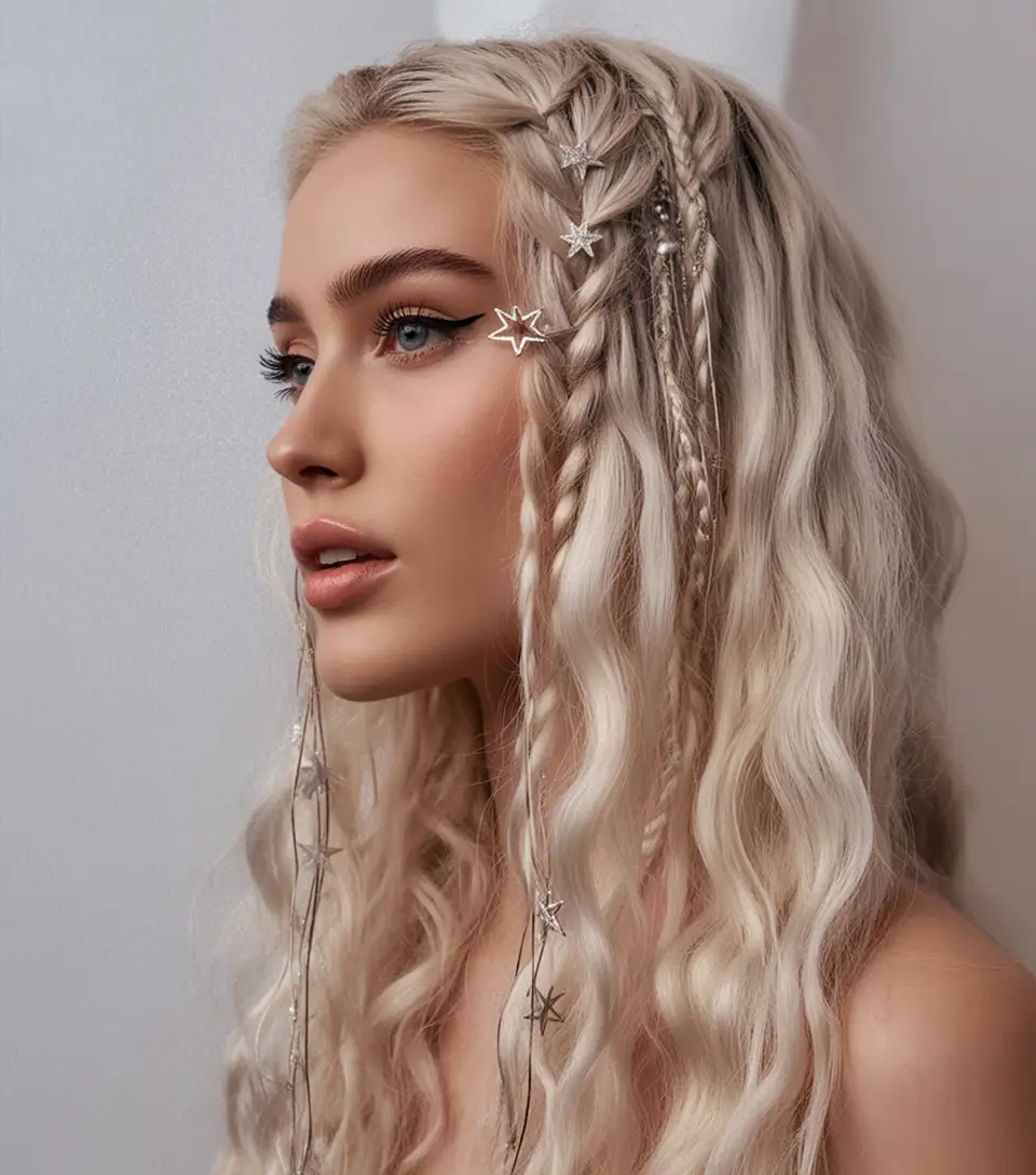 june hairstyles ideas 2025 Boho Celestial Braids with Accessories