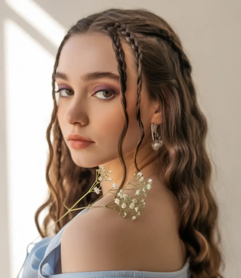 june hairstyles ideas 2025 Soft Crimps + Face Braids for the Cottagecore Girlies