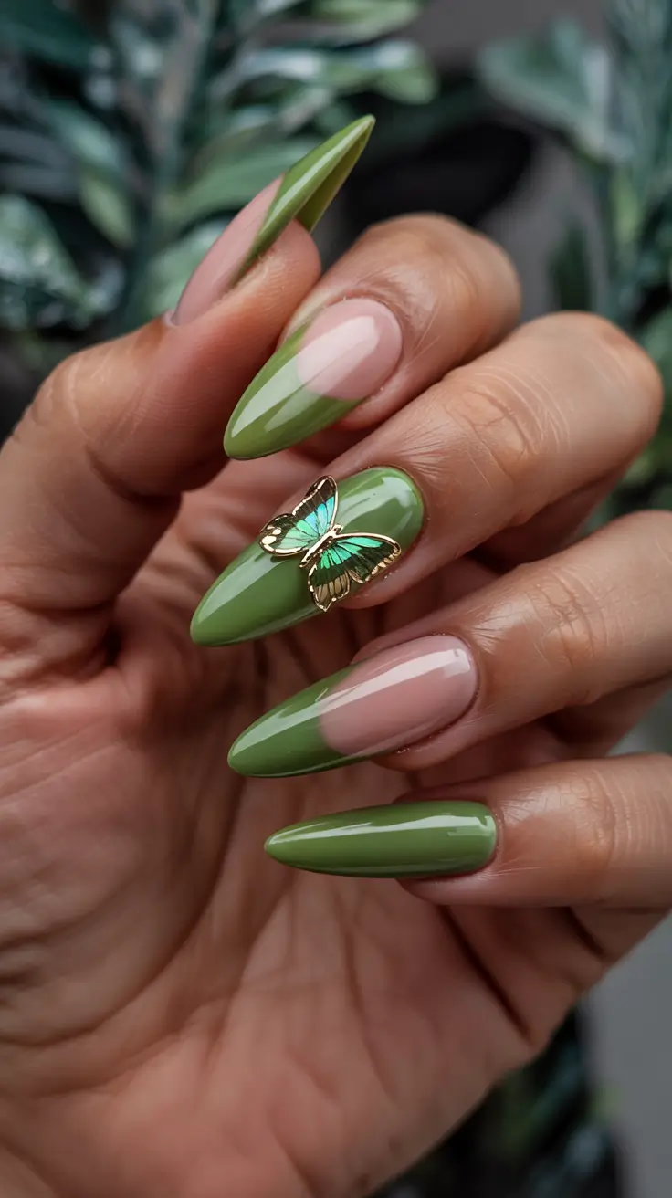 june nails color ideas 2025 Nature-Inspired Greens with a Statement Butterfly