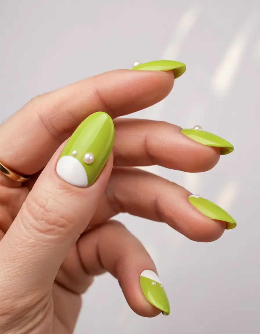 june nails color ideas 2025 Playful Green Pearls with a Retro Twist