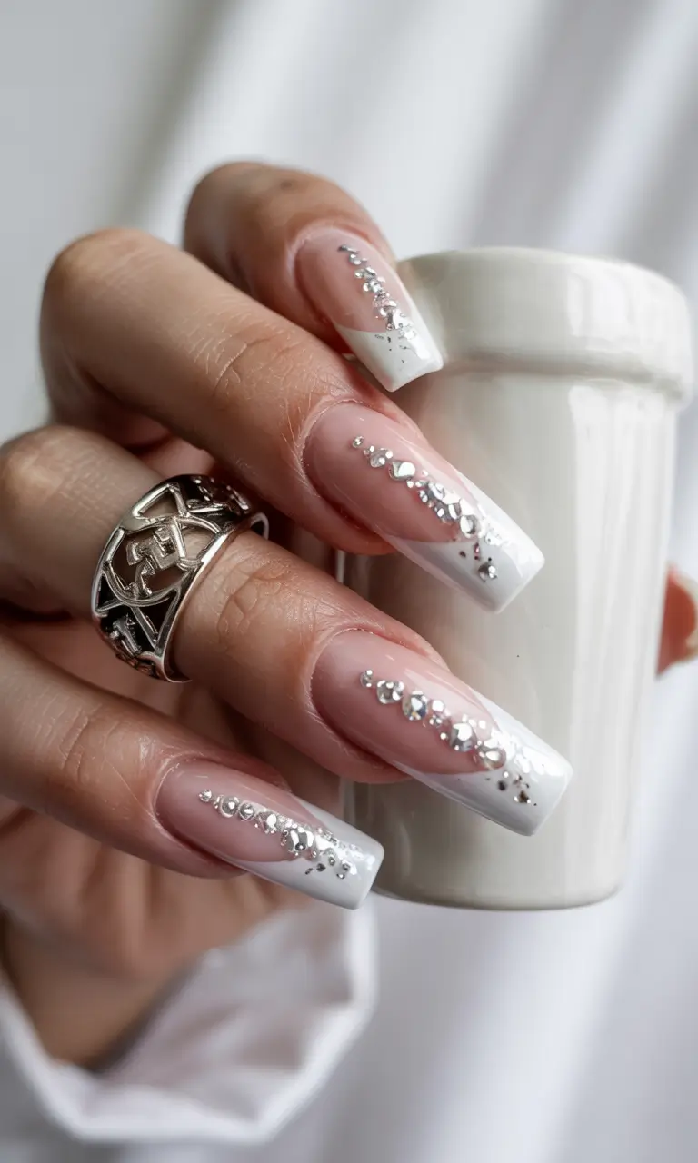june nails color ideas 2025 Crystal-Studded Snow French for Cool Summer Nights