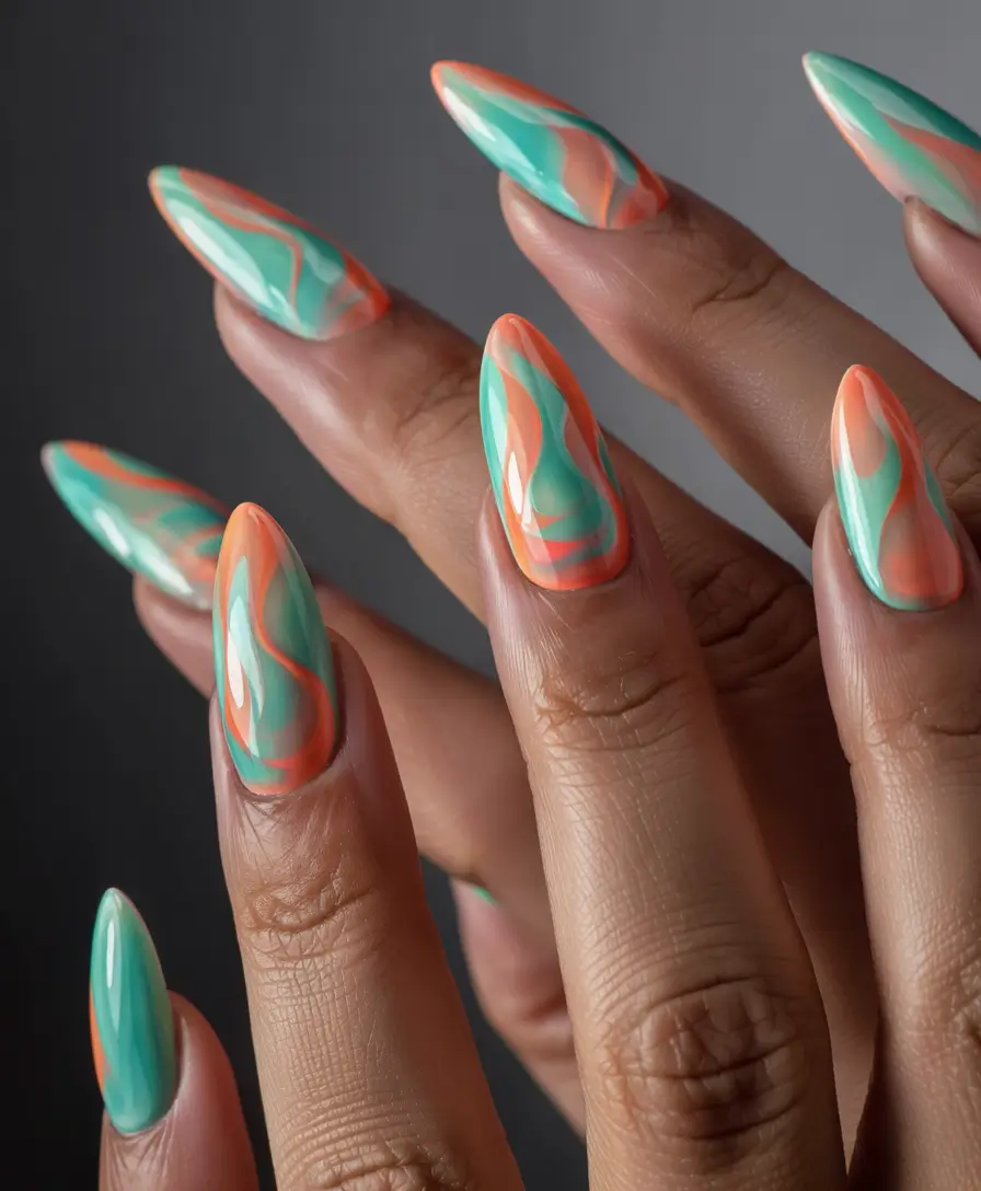 june nails color ideas 2025 Neon Seafoam Swirls for Tropical Drama