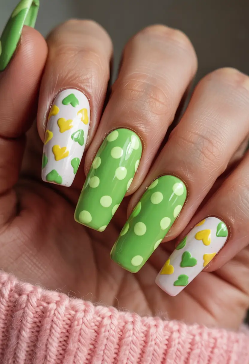 june nails ideas 2025 Green with Polka-Dot Love