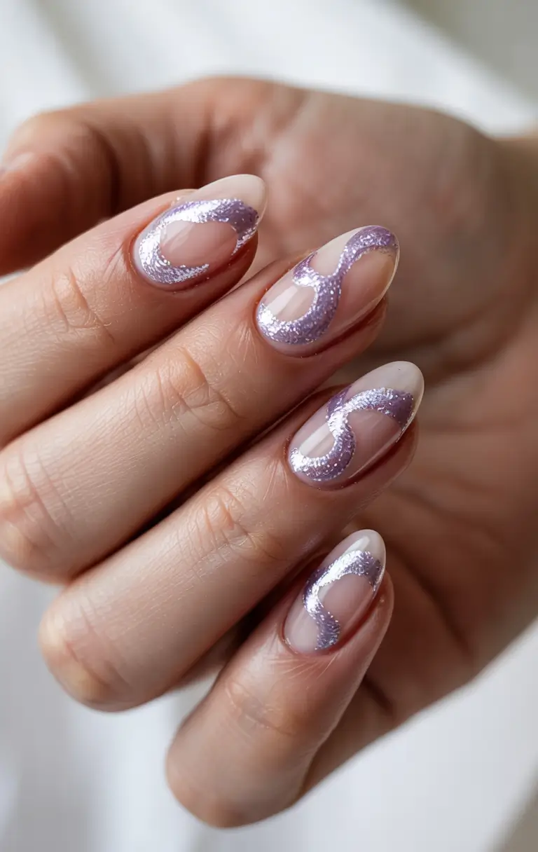 june nails ideas 2025 Swirls of Purple Glimmer