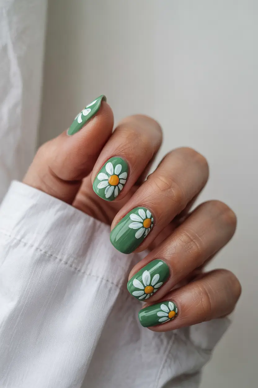 june nails ideas 2025 Daisies in an Olive Field