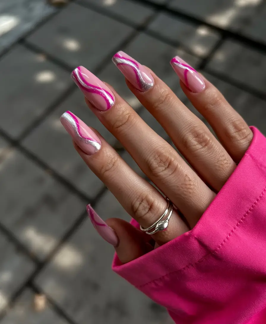 june nails ideas 2025 Electric Pink Waves
