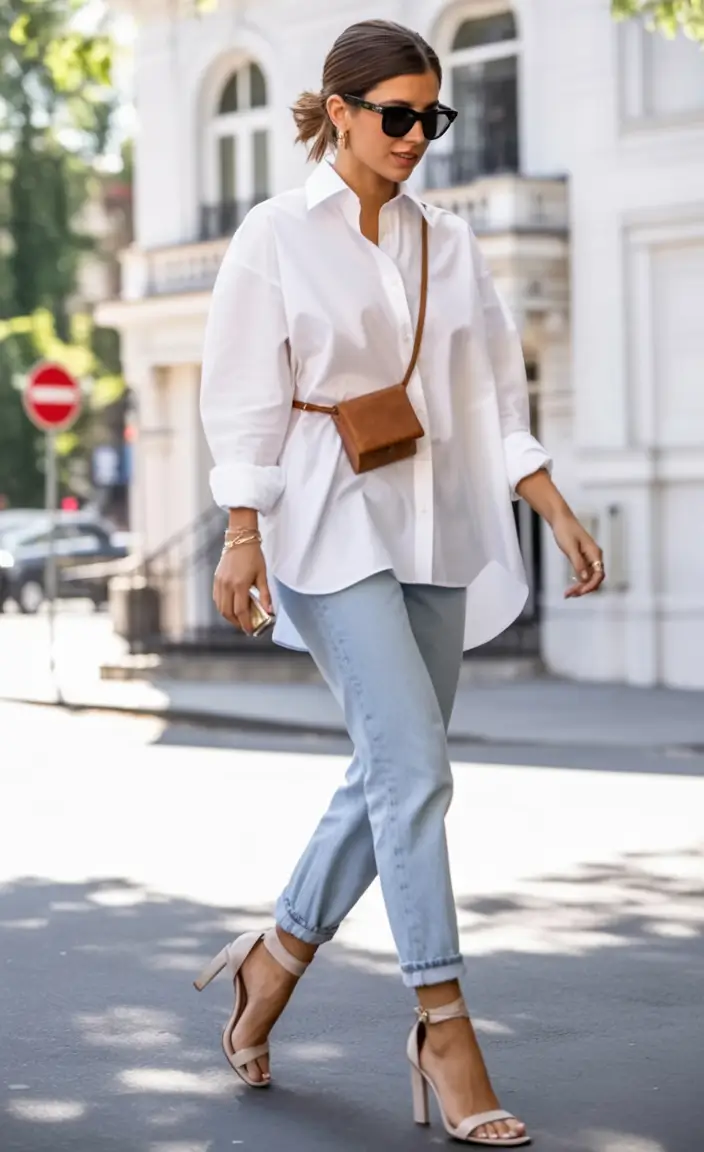 june outfits ideas 2025 White Shirt, Blue Jeans, and a Brown Belt Bag