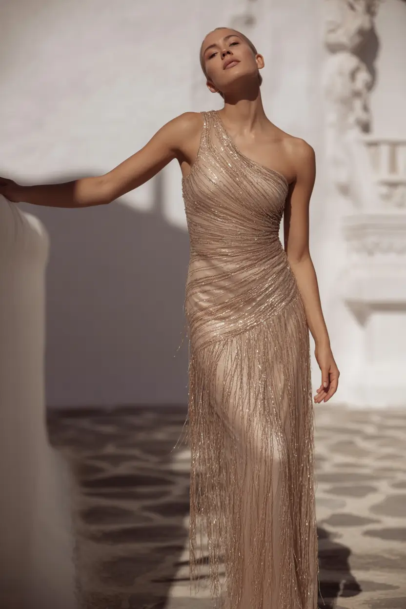 june outfits ideas 2025 Champagne Gleam in a One-Shoulder Moment