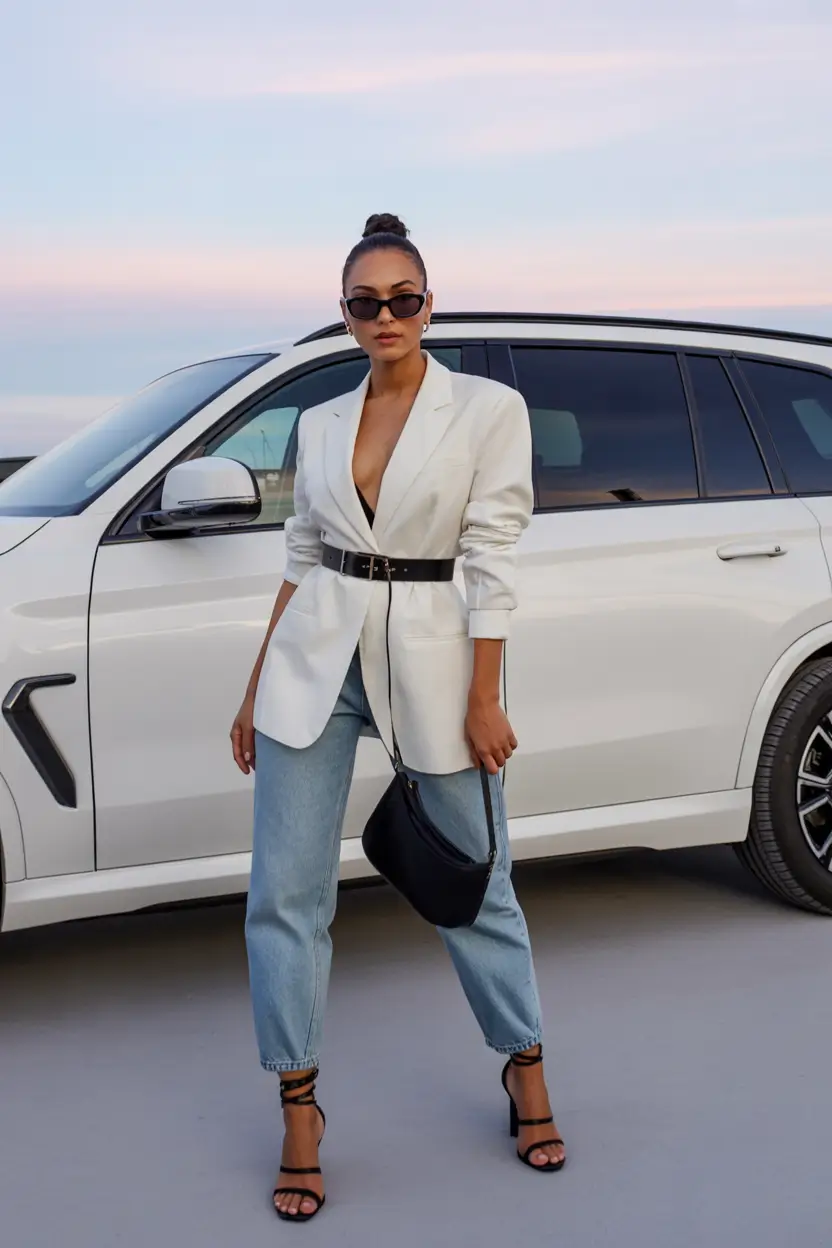 june outfits ideas 2025 White Blazer + Denim = Modern Power Suit