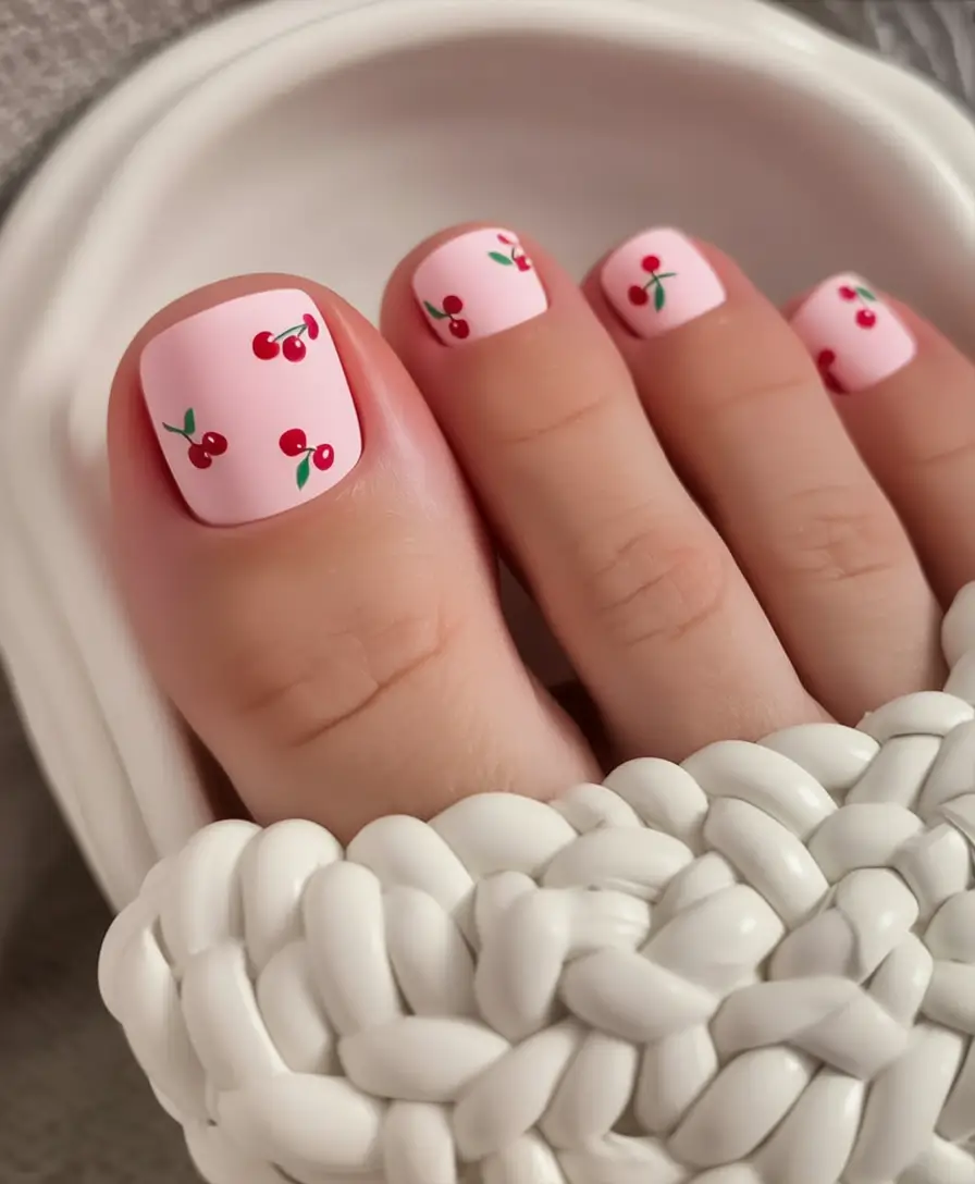 june toe nails ideas 2025 Cherry Sweet on Soft Pink