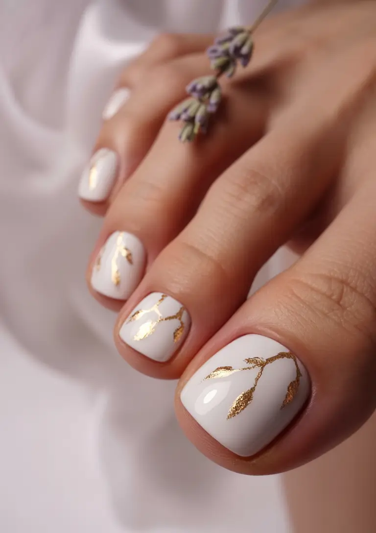 june toe nails ideas 2025 Golden Branches on Soft White