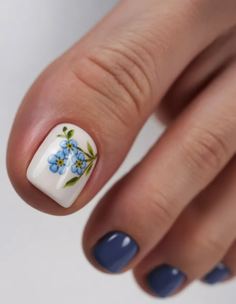 june toe nails ideas 2025 Forget-Me-Not Floral with Deep Blue