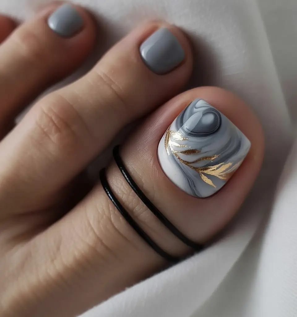 june toe nails ideas 2025 Swirled Marble and Gold for Rainy Summer Days