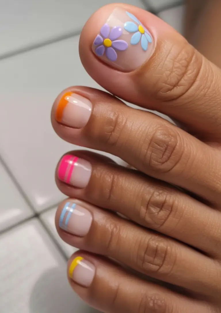 june toe nails ideas 2025 Playful Daisies & Neon Stripes