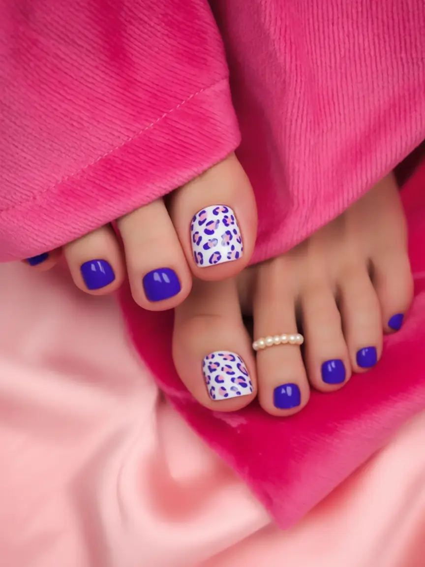 june toe nails ideas 2025 Royal Pop with Leopard Glam