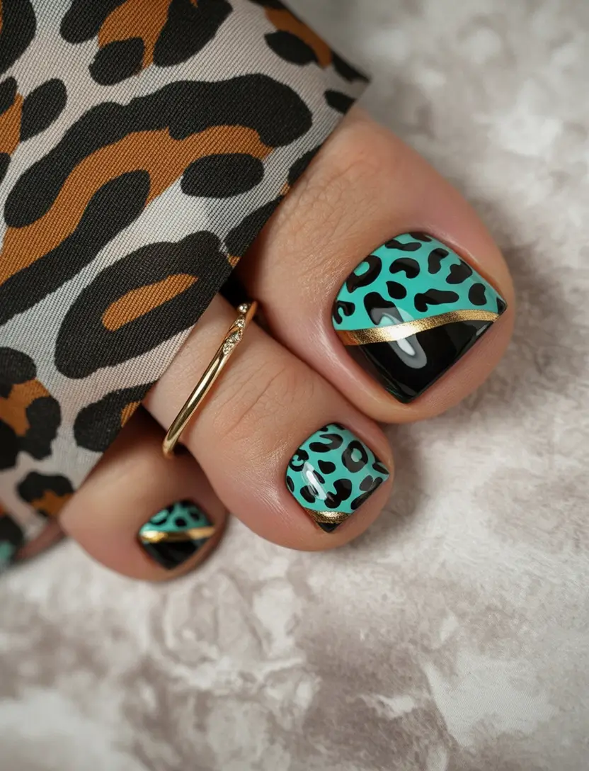 june toe nails ideas 2025 Teal Leopard with Luxe Lines