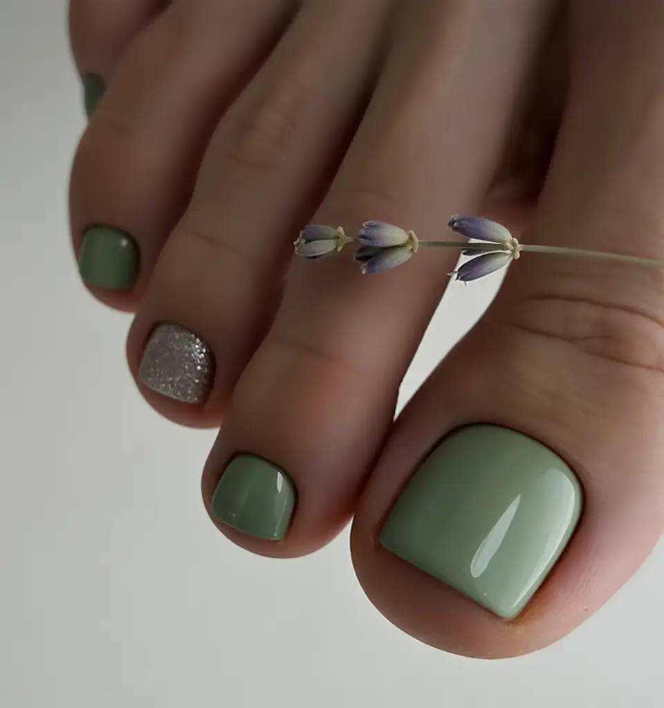 june toe nails ideas 2025 Earthy Sage & Champagne Sparkle