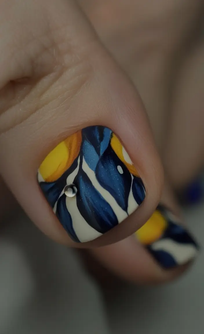 june toe nails ideas 2025 Painterly Blues and Yellow with Artistic Flair