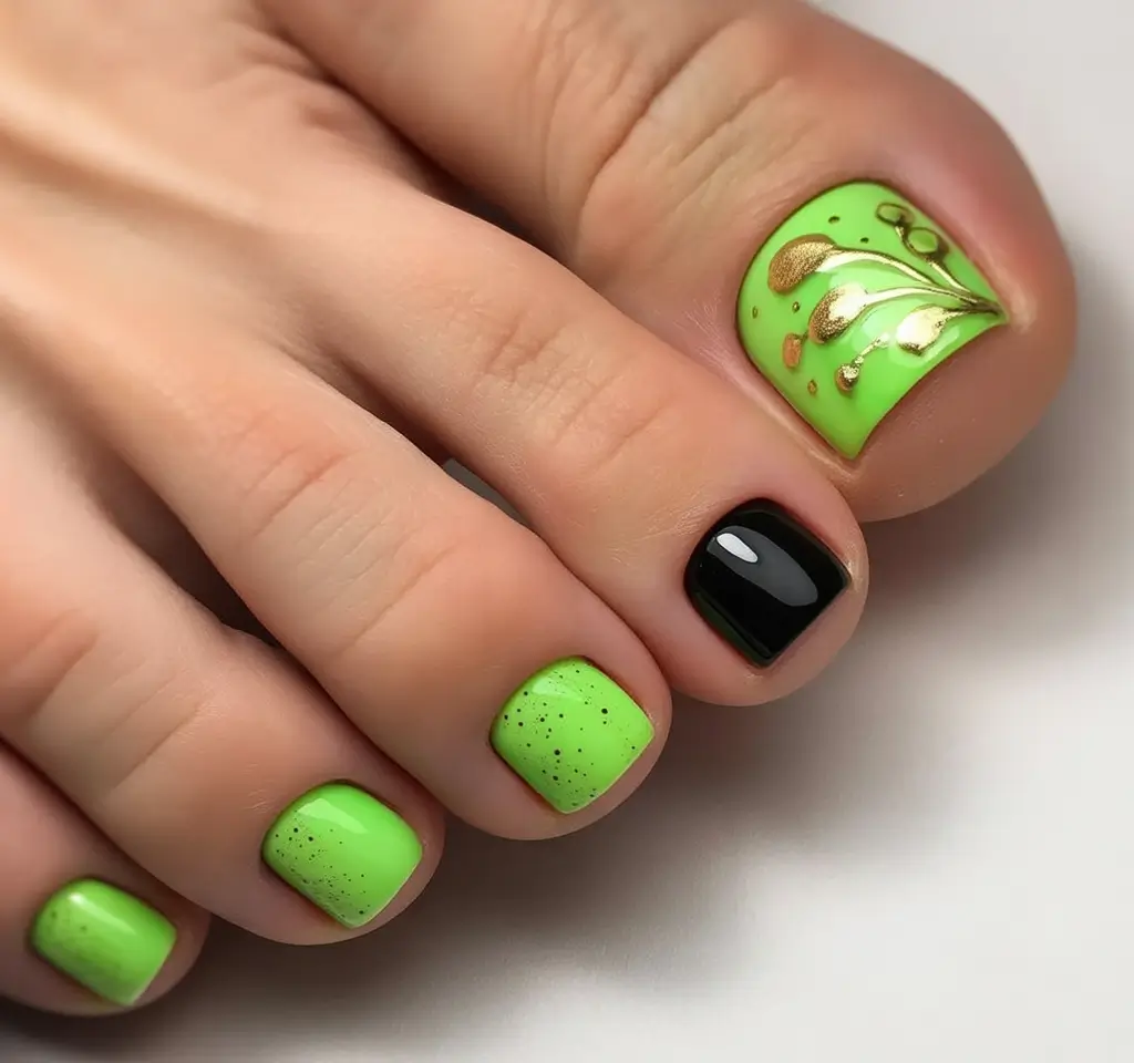 june toe nails ideas 2025 Electric Green Glam with a Touch of Drama