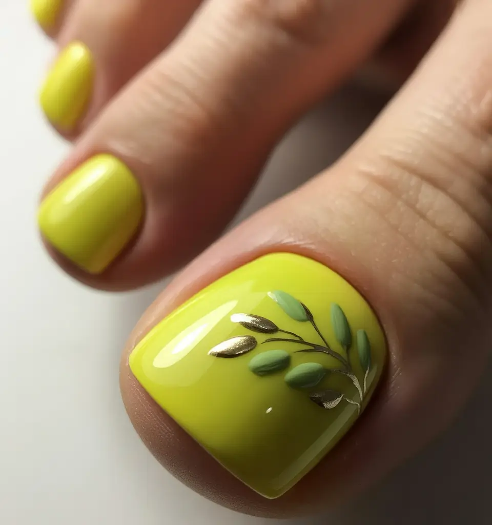 june toe nails ideas 2025 Lemon Leaf Luxe in Yellow-Gold