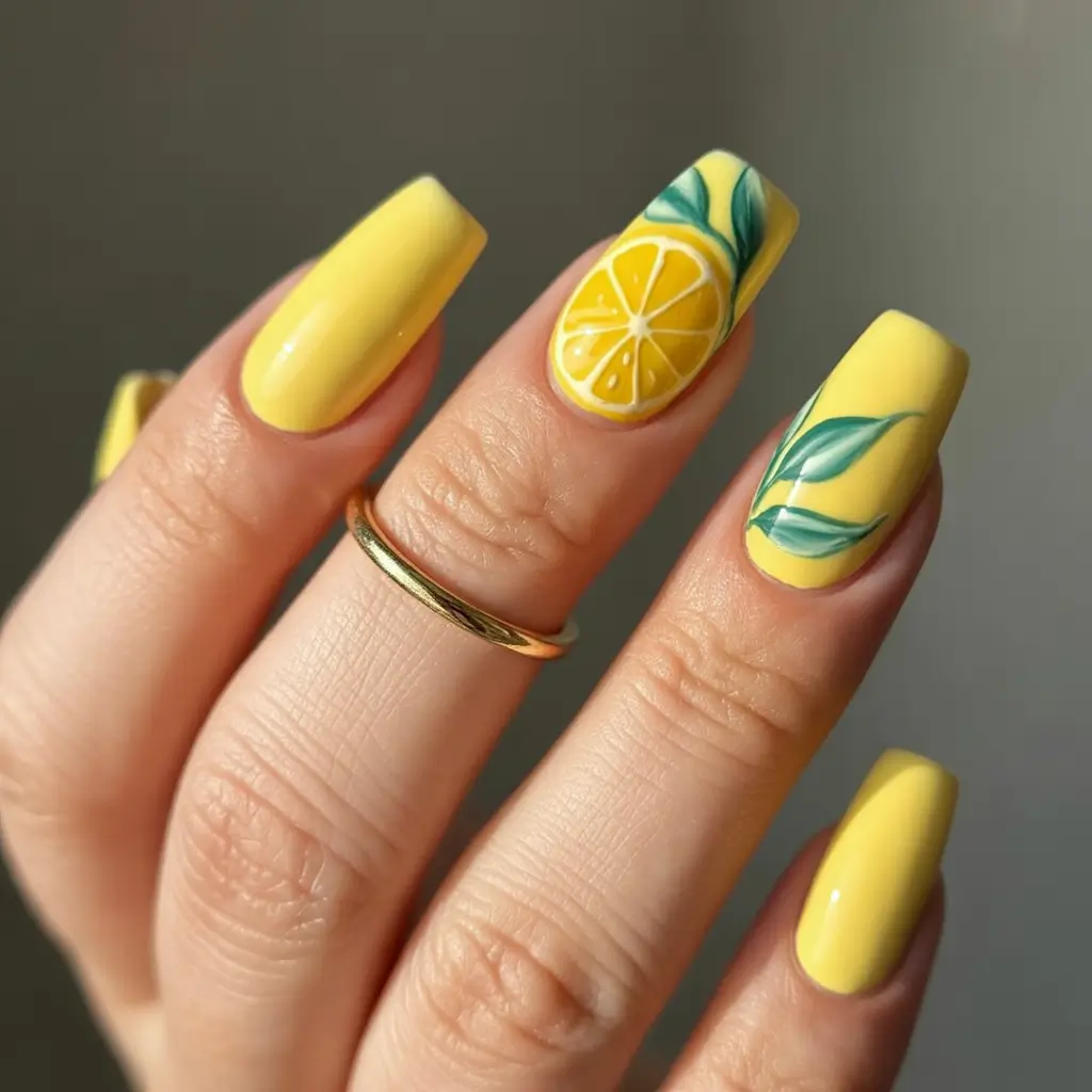 lemon nails designs ideas 2025 Vibrant Yellow with 3D Citrus Drama