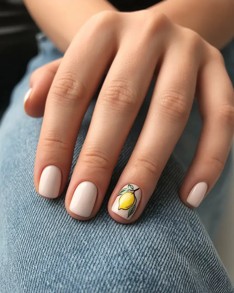 lemon nails designs ideas 2025 Minimal Lemon Accent on Nude Shorties