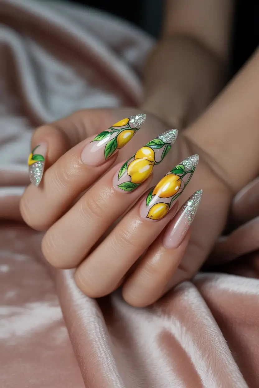 lemon nails designs ideas 2025 Lemon Vines & Sparkle Tips