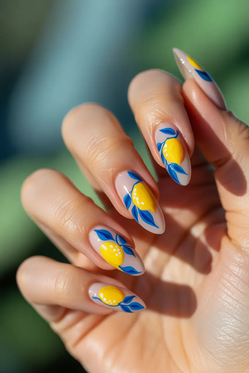 lemon nails designs ideas 2025 Bold Blue Meets Bright Lemon Energy