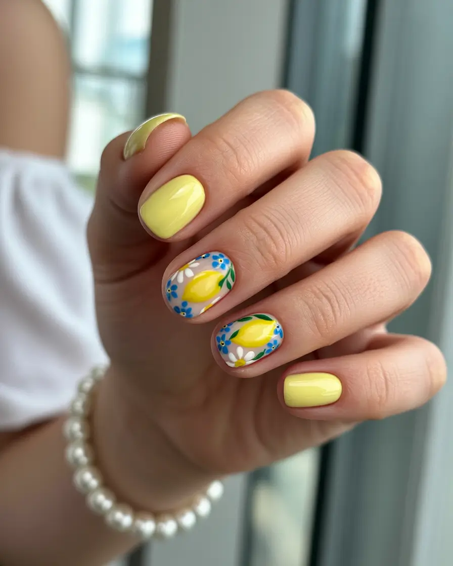 lemon nails designs ideas 2025 Sunny Side Up: Cheerful Yellow with Floral Whimsy