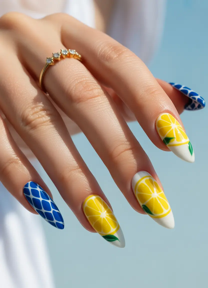 lemon nails designs ideas 2025 Ceramic Citrus Meets Amalfi Geometry