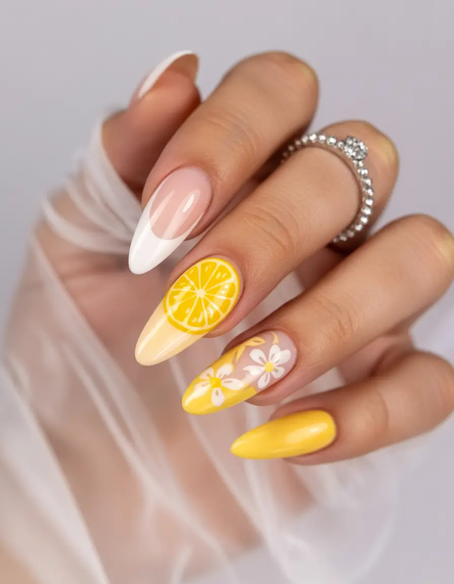 lemon nails designs ideas 2025 Lemonade Bloom with a French Accent