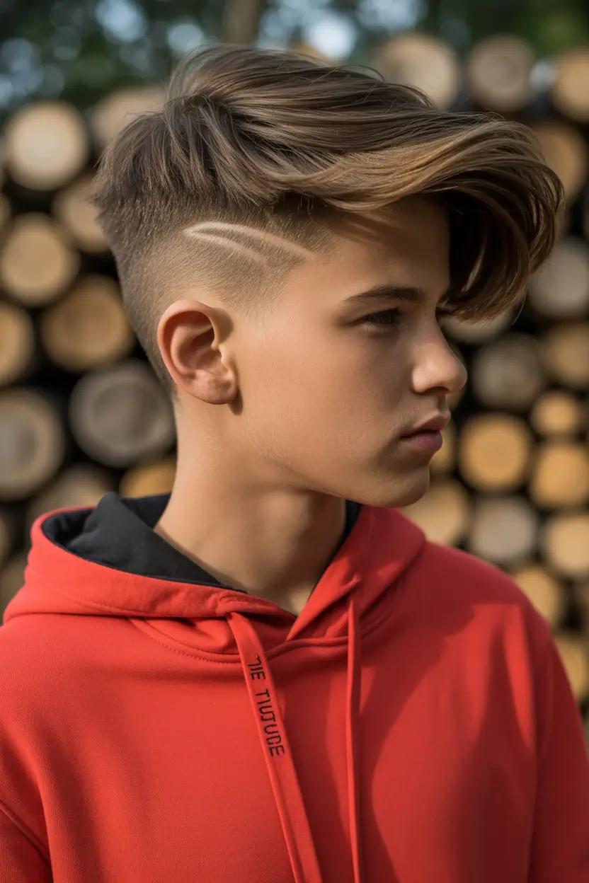 Modern Boys Summer Haircuts 2025 Statement Sweep with Hard Part and Graphic Fade