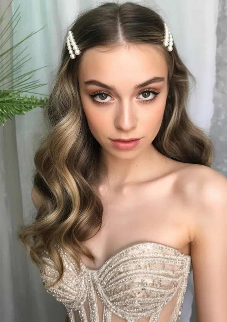 Must-Try Summer Hairstyles for Long Hair 2025 Vintage Waves with Dual Pearl Clips