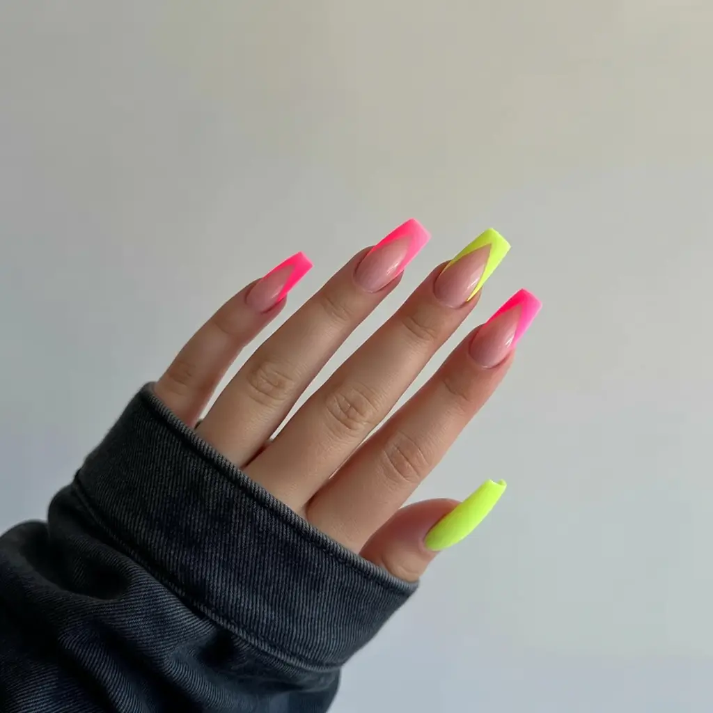 neon summer nail ideas 2025 Hot-Pink Meets Lemonade Geometry