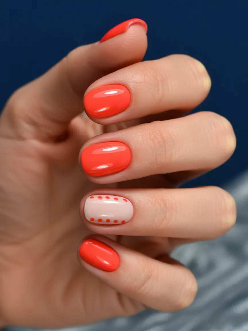 neon summer nail ideas 2025 Coral Chic Meets Dot Art