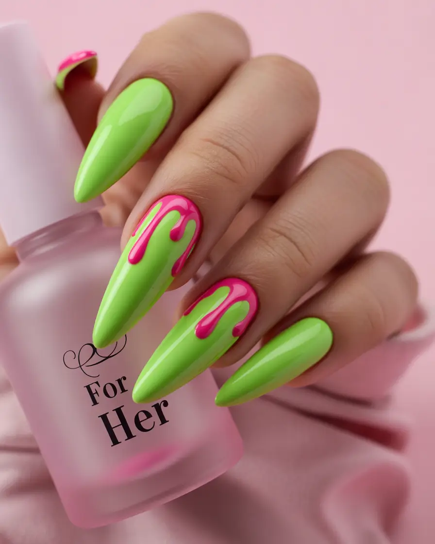 neon summer nail ideas 2025 Lime Glaze Meets Pink Drips